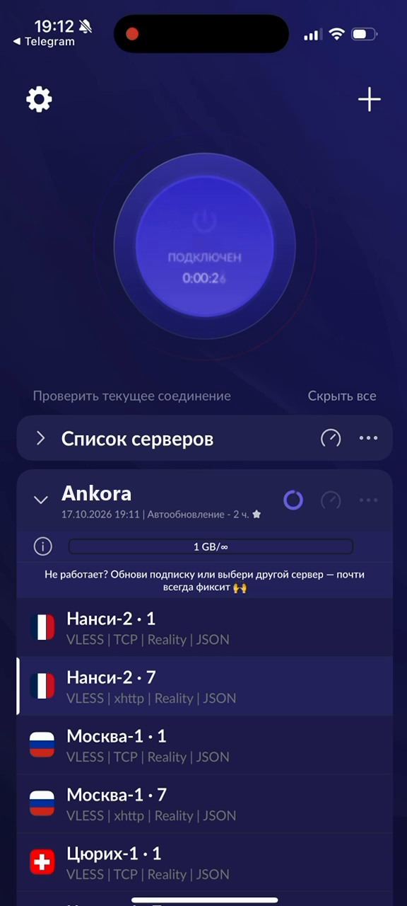 Успешное подключение в Happ