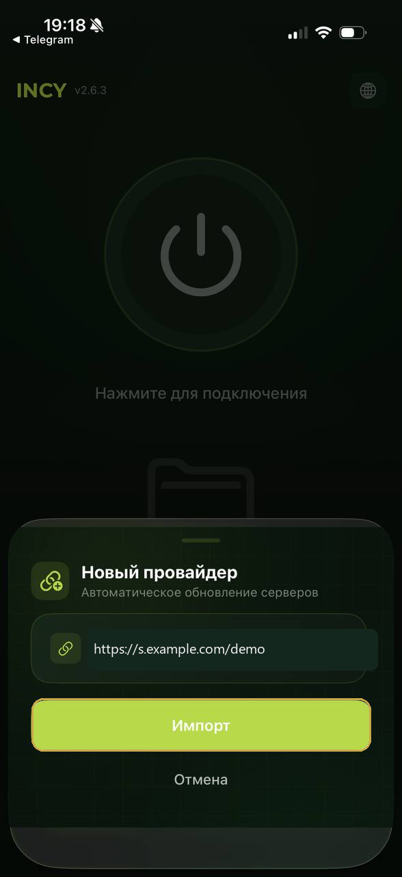 Выделенная кнопка Импорт в INCY